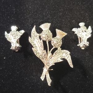 Vintage Marcasite Scottish Thistle Brooch with Clip On Earrings